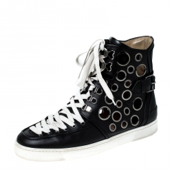 Pre Owned Christian Louboutin Black Leather Alfibully High Top Lace Up Sneakers Size 42