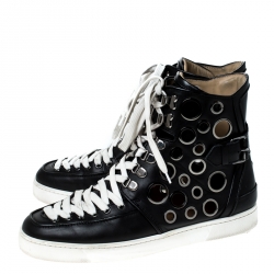 Pre Owned Christian Louboutin Black Leather Alfibully High Top Lace Up Sneakers Size 42