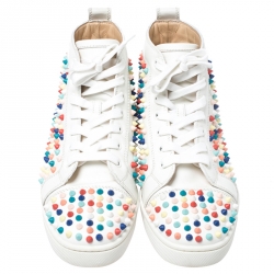 Pre Owned Christian Louboutin White Leather Multicolor Louis Spikes Lace Up High Top Sneakers Size 40.5