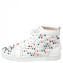 Pre Owned Christian Louboutin White Leather Multicolor Louis Spikes Lace Up High Top Sneakers Size 40.5