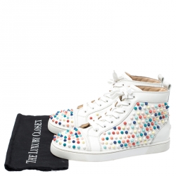 Pre Owned Christian Louboutin White Leather Multicolor Louis Spikes Lace Up High Top Sneakers Size 40.5