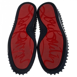 Pre Owned Christian Louboutin Navy Blue Leather Roller Boat Spiked Slip On Sneakers Size 41