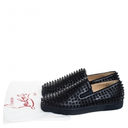 Pre Owned Christian Louboutin Navy Blue Leather Roller Boat Spiked Slip On Sneakers Size 41
