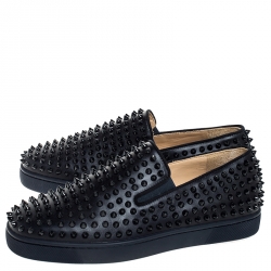 Pre Owned Christian Louboutin Navy Blue Leather Roller Boat Spiked Slip On Sneakers Size 41