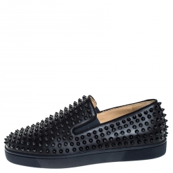 Pre Owned Christian Louboutin Navy Blue Leather Roller Boat Spiked Slip On Sneakers Size 41