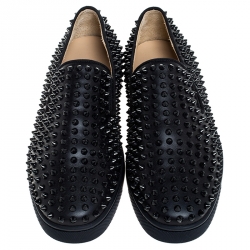 Pre Owned Christian Louboutin Navy Blue Leather Roller Boat Spiked Slip On Sneakers Size 41