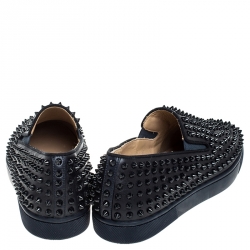 Pre Owned Christian Louboutin Navy Blue Leather Roller Boat Spiked Slip On Sneakers Size 41