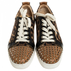 Christian Louboutin Brown Leather And Leopard Print Canvas Louis Junior Spikes Sneakers Size 40.5