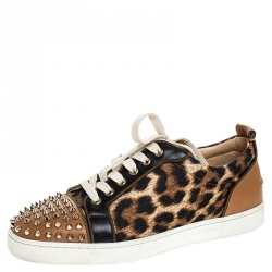 Christian Louboutin Brown Leather And Leopard Print Canvas Louis Junior Spikes Sneakers Size 40.5