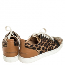 Christian Louboutin Brown Leather And Leopard Print Canvas Louis Junior Spikes Sneakers Size 40.5