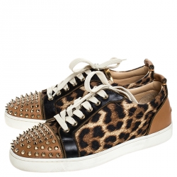 Christian Louboutin Brown Leather And Leopard Print Canvas Louis Junior Spikes Sneakers Size 40.5