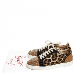 Christian Louboutin Brown Leather And Leopard Print Canvas Louis Junior Spikes Sneakers Size 40.5