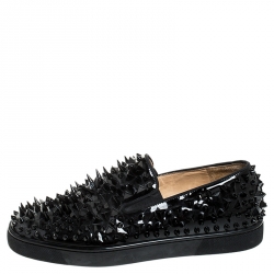 Christian Louboutin Black Patent Leather Pik Spiked Slip On Sneakers Size 42.5