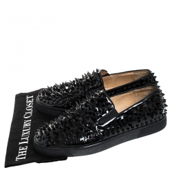 Christian Louboutin Black Patent Leather Pik Spiked Slip On Sneakers Size 42.5