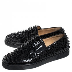 Christian Louboutin Black Patent Leather Pik Spiked Slip On Sneakers Size 42.5