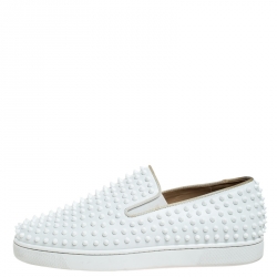 Christian Louboutin White Leather Roller Boat Spiked Slip On Sneakers Size 45