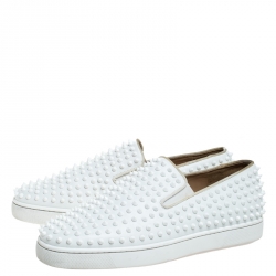 Christian Louboutin White Leather Roller Boat Spiked Slip On Sneakers Size 45
