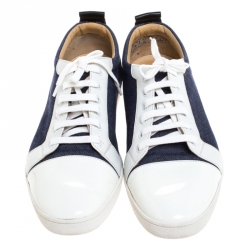 مملوكة مسبقًا Christian Louboutin Tricolor Patent Leather And Denim Fabric Low Top Sneakers Size 43