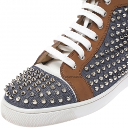 Christian Louboutin Multicolor Denim And Leather Louis Spikes Lace Up High Top Sneakers Size 42