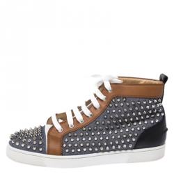 Christian Louboutin Multicolor Denim And Leather Louis Spikes Lace Up High Top Sneakers Size 42