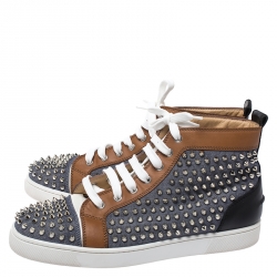 Christian Louboutin Multicolor Denim And Leather Louis Spikes Lace Up High Top Sneakers Size 42