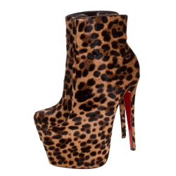 مملوكة مسبقًا Christian Louboutin Brown Leopard Print Pony Hair Daf Booty Platform Ankle Boots Size 37.5