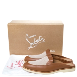Christian Louboutin Tan Leather and Canvas Lazy N' Happy Slip On Mules Size 43