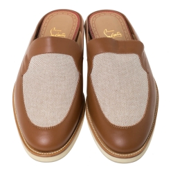 Christian Louboutin Tan Leather and Canvas Lazy N' Happy Slip On Mules Size 43