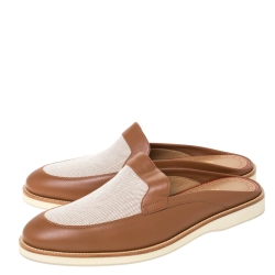 Christian Louboutin Tan Leather and Canvas Lazy N' Happy Slip On Mules Size 43