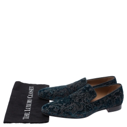 Pre Owned Christian Louboutin Blue Brocade Velvet Dandelion Loafers Size 42.5