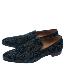 Pre Owned Christian Louboutin Blue Brocade Velvet Dandelion Loafers Size 42.5