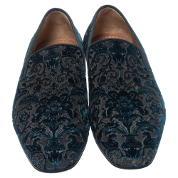 Pre Owned Christian Louboutin Blue Brocade Velvet Dandelion Loafers Size 42.5