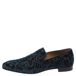 Pre Owned Christian Louboutin Blue Brocade Velvet Dandelion Loafers Size 42.5