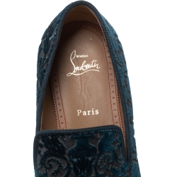 Pre Owned Christian Louboutin Blue Brocade Velvet Dandelion Loafers Size 42.5