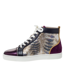 Pre Owned Christian Louboutin Mulitcolor Glitter Fabric and Leather High Top Sneakers Size 40