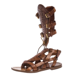 Pre Owned Christian Louboutin Tan Leather Gladiator Flats Sandals Size 40