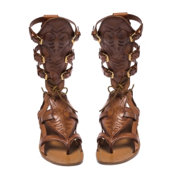 Pre Owned Christian Louboutin Tan Leather Gladiator Flats Sandals Size 40