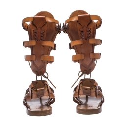 Pre Owned Christian Louboutin Tan Leather Gladiator Flats Sandals Size 40