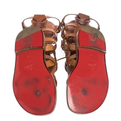 Pre Owned Christian Louboutin Tan Leather Gladiator Flats Sandals Size 40