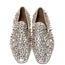 Christian Louboutin Metallic Silver Leather Spike Dandy Pik Pik Loafers Size 45