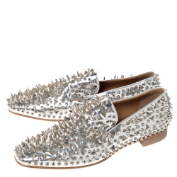 Christian Louboutin Metallic Silver Leather Spike Dandy Pik Pik Loafers Size 45