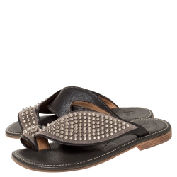 Pre Owned Christian Louboutin Green Textured Leather Spike Suctam Flat Sandals Size 43