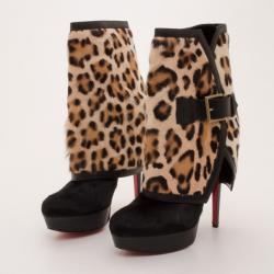Pre Owned Christian Louboutin Pony Hair Armony Ankle Boots with Removable Leopard Cuffs Size 38.5