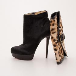 Pre Owned Christian Louboutin Pony Hair Armony Ankle Boots with Removable Leopard Cuffs Size 38.5