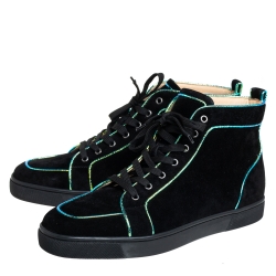 Pre Owned Christian Louboutin Black Suede And Iridescent Leather Trim Rantus Orlato High Top Sneakers Size 43.5
