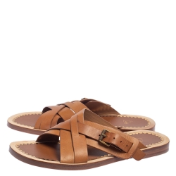 Pre Owned Christian Louboutin Brown Leather Cross Strap Buckle Embellished Flat Sandals Size 45