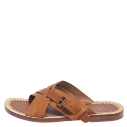 Pre Owned Christian Louboutin Brown Leather Cross Strap Buckle Embellished Flat Sandals Size 45