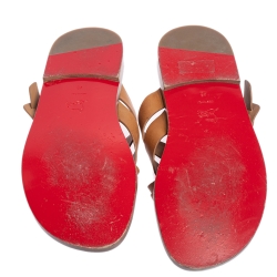 Pre Owned Christian Louboutin Brown Leather Cross Strap Buckle Embellished Flat Sandals Size 45