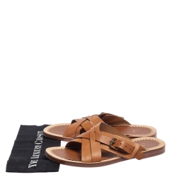 Pre Owned Christian Louboutin Brown Leather Cross Strap Buckle Embellished Flat Sandals Size 45