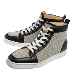 مملوكة مسبقًا حذاء رياضي كريستيان لوبوتان رانتوس هاي توب جلد وكانفاس أبيض وأسود مقاس 41